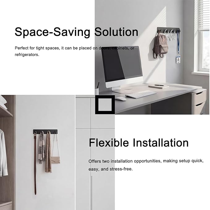 StrugDeas Key Holder for Wall with 2 Self-Adhesive Tapes， Key Hanger Organizer for Wall with 4 Hooks，Metal Key Rack for Door, Entryway, Kitchen Bathroom(Black)