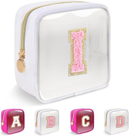 Personalized Initial Letter Clear Preppy Makeup Bag,Mini Nylon Chenille Letter Cosmetic Bag Cute Zipper Pouch Purse for Teen Girls,Portable TSA Approved Beach Travel Essentials Bag Gift for Women,I