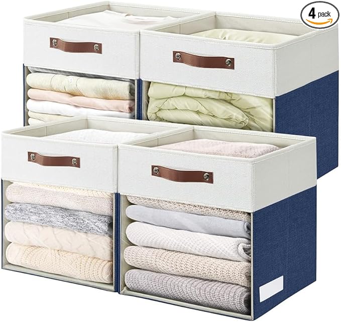 Storage Cubes, 4 Pack Linen Foldable Storage Bins (13 x 13 inch) with Clear Window and Handles, Fabric Organizer for Shelf Closet, Clothes, Books - (Navy Blue and White)