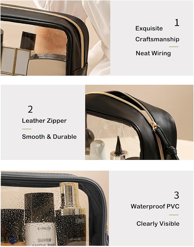 3Pcs Travel Clear Makeup Bag Set for Women, Transparent Toiletry Bag with Zipper Portable Makeup Pouch Organizer Waterproof Small Cosmetic Bag Compact Car Bag Organizer Car Accessories (Black Set)