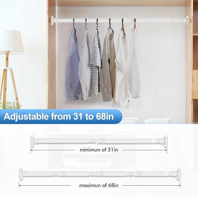 CorkLatta White Shower Curtain Rod 31 to 68 Inch, 1 Inch Diameter Adjustable Spring Tension Stainless Steel Telescoping Rod, Easy Install, No Rust