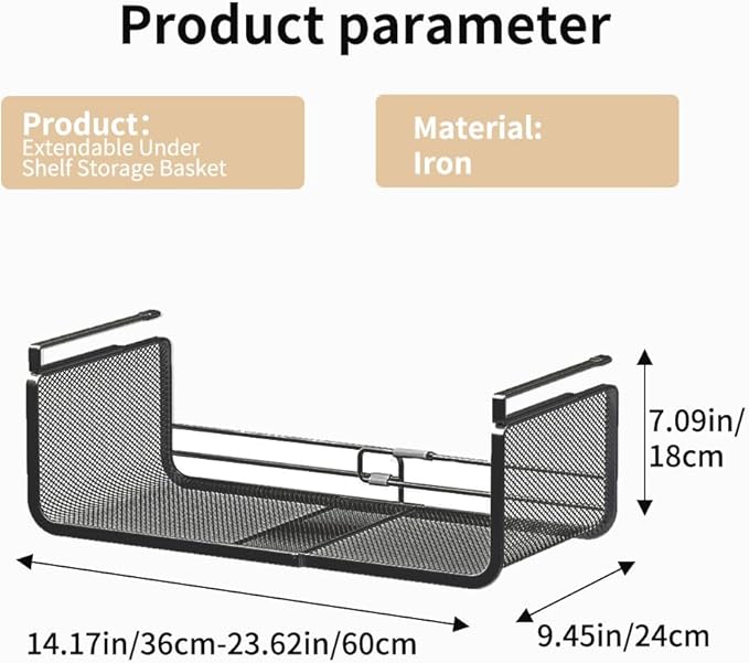 Janebert Expandable Under Shelf Basket Organizer, Under Shelf Storage, Hanging Baskets Under Cabinet for Pantry Kitchen Cupboard Desk Counter Bookshelf Space Saver Heavy Duty Slide-in (Black, 1 Pack)