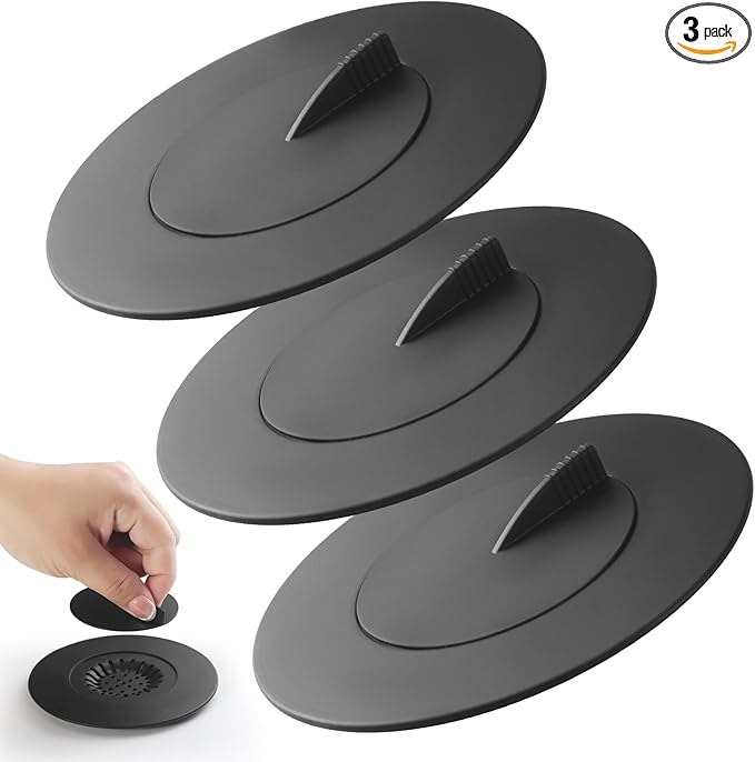 Bathtub Stopper,3pcs 2-in-1 Bathtub Drain Hair Catcher,Silicone Kitchen Bathroom Shower Water Strainer Protectors,Universal Flat Suction Shower Drain Cover,Washbasin Drain Stopper (Black)