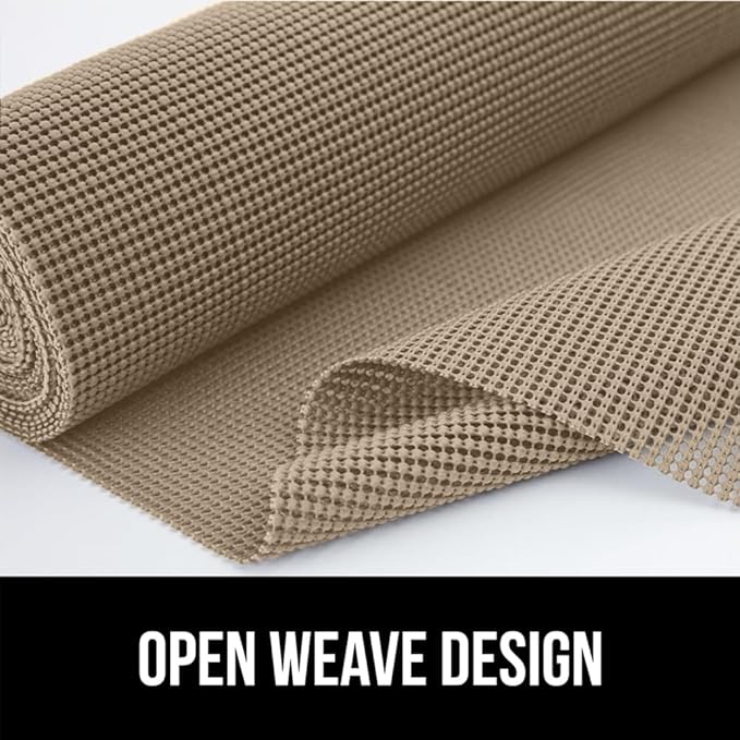 GORILLA GRIP powerGRIP Drawer Shelf and Cabinet Liner, Thick Strong Hold, Non-Adhesive Liners Protect Kitchen Cabinets and Cupboard, Bathroom Drawers, Easy Install, Breathable Mat, 12" x10', Beige