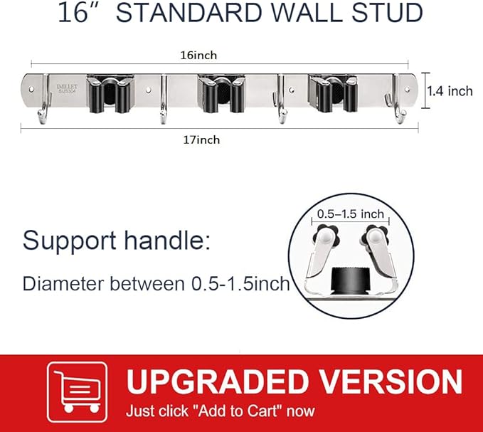 IMILLET 2 Pack Broom and Mop Holder Wall Mounted, Stainless Steel Broom Holder Mop Holder Self Adhesive Heavy Duty Hooks Storage Organizer for Home Laundry Room Garden Garage Closet Kitchen