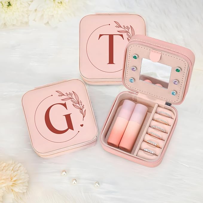 SANDJEST Personalized Jewelry Box, Pink Small Travel Jewelry Box with Initial G, Monogrammed Jewelry Case Organizer for Girls Women Teen, Mini Travel Essentials Gifts for Christmas Birthday