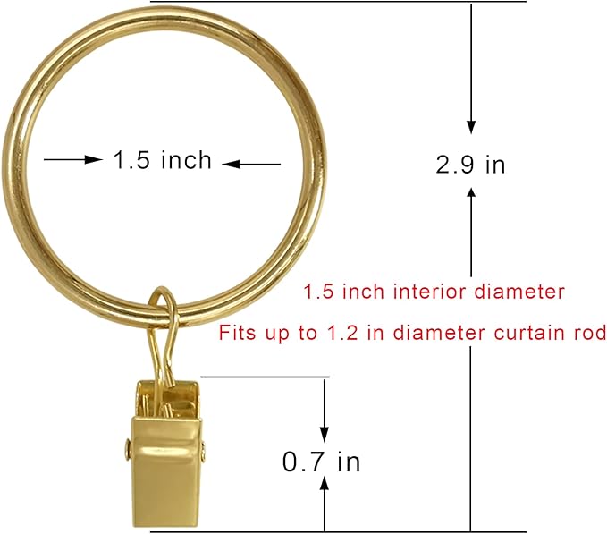 WeeksEight 40 Pack Gold Curtain Rings with Clips, Curtain Hooks Hangers Clip Rings for Hanging Drapes Bows Hat, Drapery Rings 1.5 in I D, Fits up to 1.2 in Diameter Curtain Rod.