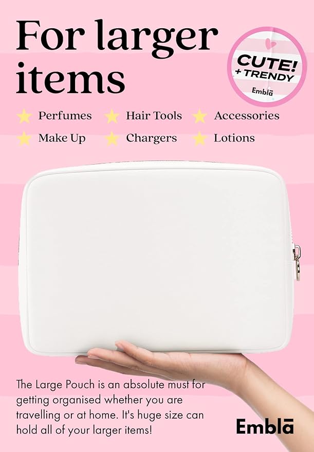 Embla Makeup Bag Travel Cosmetics Pouch and Toiletry Bag, Nylon Zipper Pouch Purse, Cute Make Up Organizer Storage Tote for Women Girls, Waterproof Travel Skincare Case, Large Makeup Bags, White