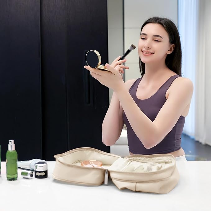 Travel Cosmetic Bag Women Portable Makeup Case Organizer Wide-open Toiletry Pouch for Cosmetics Toiletries (khaki)