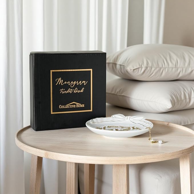 COLLECTIVE HOME - Personalized Initial Ceramic Jewelry Tray with Bow, Christmas Gift Ideas for Women, Small Gift for Girlfriend Wife, Ring Holder, Earrings Dish, Birthday Gift for Her (J)