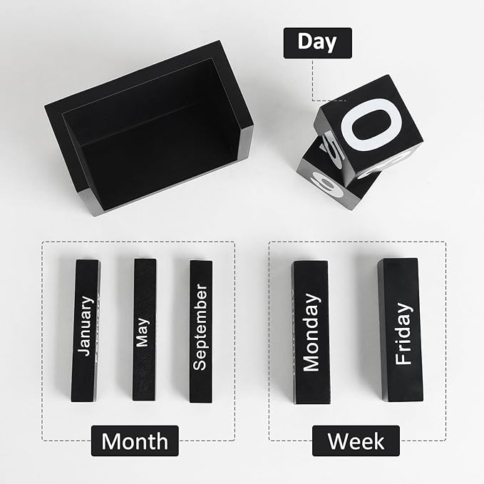 Wooden Block Calendar for Desk, Daily Desktop Perpetual Desk Calendar, Cute Date Display Blocks Desk Accessory for Home Office Decor, Teacher, Classroom, Reusable Yearly, Black