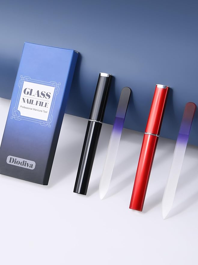 2-Pack Glass Nail File 2mm Thickness Crystal Files with Case Fingernail File for Nature Nails Double-Sided Etched Czech Glass Files for Travel Fine Grit Nail Filer Gifts Package Stocking Stuffers