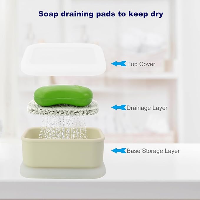 Travel Soap Case, Leak Proof Travel Soap Container, Silicone Soap Box with Drainage Layer, Shatterproof Soap Holder for Travel, Camping, Gym(Off-White, Regular)