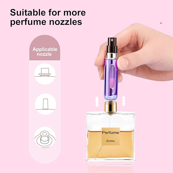 Portable Mini Perfume Atomizer Bottle, Refillable Spray, Scent Pump Case, Travel Atomizer (5ml, 5 Pack) (Purple, Blue, Green, Rose Red, Silver)