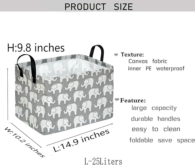 KUNRO Rectang Storage Basket Gift Shelf Basket Storage Bin, Nursery Basket Organizer Box for With Handles for Room Deco (Elephant)