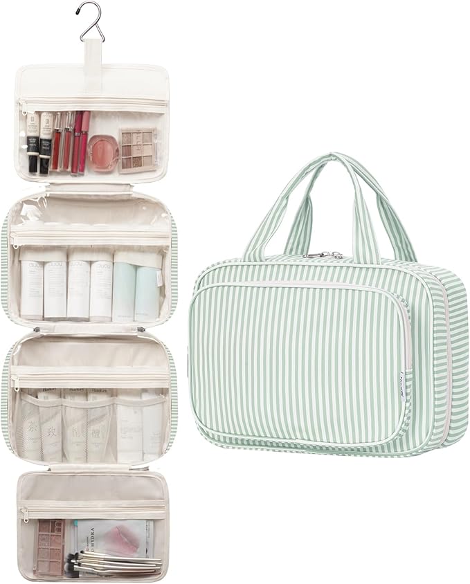 Narwey Striped Travel Toiletry Bag for Women Large Hanging Makeup Bag Organizer Toiletries Bag for Full Size Essentials Accessories Cosmetics (Mint Green Stripe (Large))