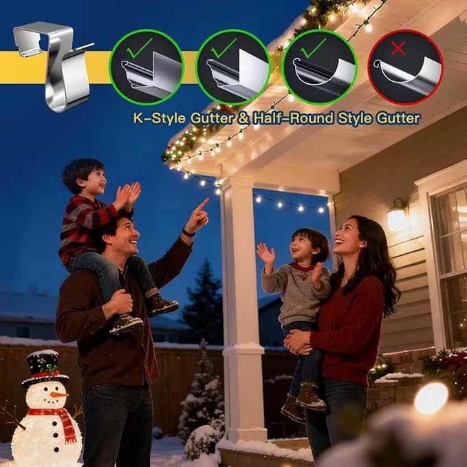 Gutter Clips for Hanging Outdoor Lights Christmas Light Gutter Clips for Outside String Lights Metal Weatherproof Gutter Light Clips for Xmas Halloween Outdoor Holiday Lights(50pcs)