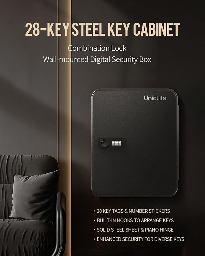 Uniclife 28 Position Key Cabinet with Combination Lock Resettable Black Digital Security Storage Box Steel Key Organizer with Colorful Key Tag Labels Stickers and Hooks