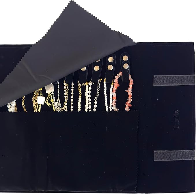 UnionPlus Velvet Travel Jewelry Roll Bag Organizer for Necklace, Elastic Band and Anti-winding, Black
