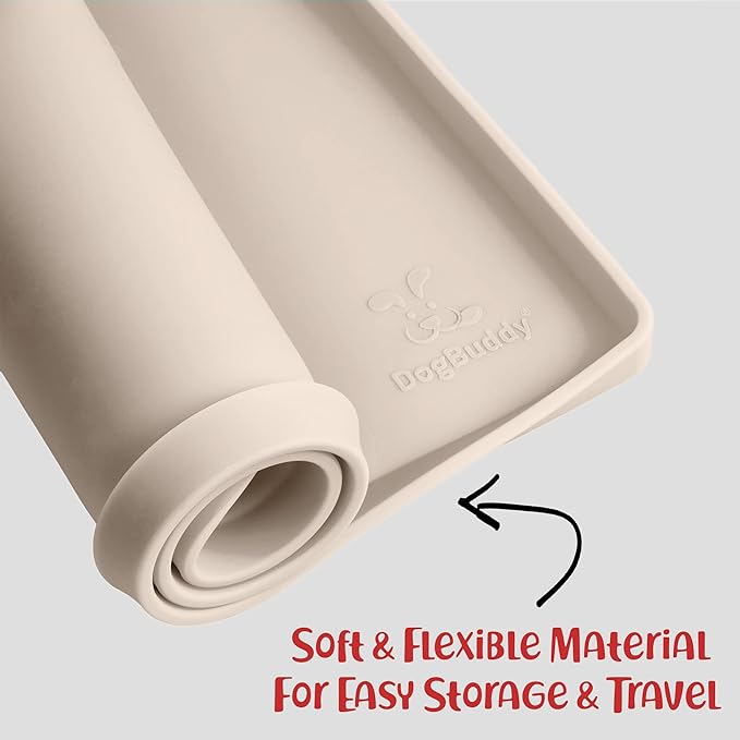 DogBuddy Dog Food Mat – Waterproof Dog Bowl Mat for Food and Water, Silicone Pet Feeding Mats for Floors, Non-Slip Placemat with High Edges for Dogs Bowls, Puppy Essentials (S: 19" x 12", Vanilla)