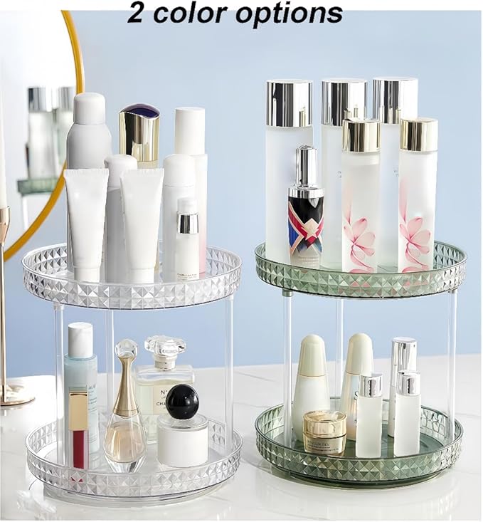 2 Tier Diamond Lazy Susan Bathroom Organizer Countertop, 9.25Inch Clear 360 Rotating Makeup Organizer for Cabinet, Kitchen, Pantry, Countertop, Bathroom, Skincare Perfume Organizer and Storage