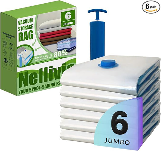 6 XL Jumbo Vacuum Storage Bags with Pump, Extra Large Compression Space Saver for Comforter, Duvet, Blanket, Bedding Storage, Vacuum Seal Bags for Clothing, Luggage Closet Organizer
