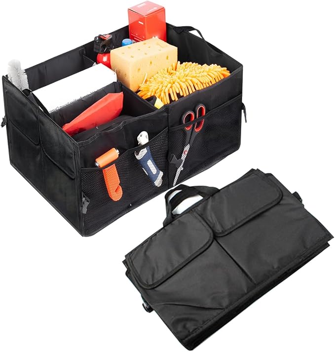 Mandark Car Trunk Organizer, Collapsible Multi Compartment Vehicle Storage Box, Waterproof Adjustable Automotive Organization Container Accessories, Universal for SUV, Sedan, Truck (Black)