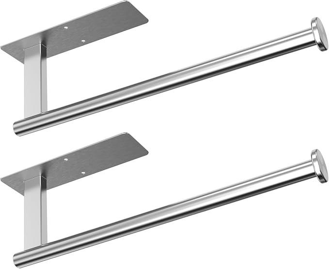 CUXIXA Paper Towel Holder Under Cabinet 2 Pack, Upgraded Adhesive Paper Towel Holder Wall Mount for Kitchen, Bathroom, RV, Bend-Resistant, Self-Adhesive or Drill mounting, Stainless Steel, Silver