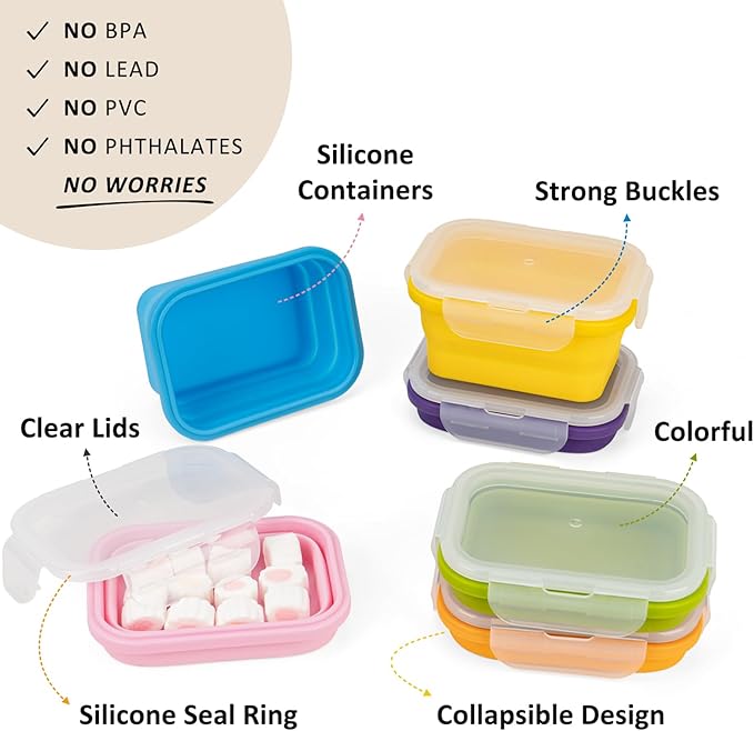 Reusable Silicone Snack Containers with Lids, 14oz, Small Collapsible Food Storage Containers for Meal Lunch Small Portion, Stackable, Space Saver for RV, Travel, Microwave Dishwasher Safe, 6 Pack
