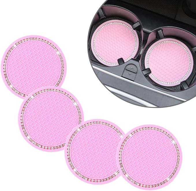 Car Coasters for Cup Holders, 2.75 Inch Auto Cup Holder Insert Coasters Silicone Anti-Slip Crystal Rhinestone Cute Drink Car Cup Mat, 4PCS Bling Car Accessories for Women & Lady (Pink)