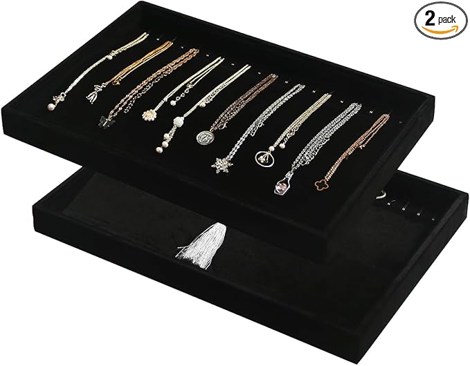 Coward Set of 2 Black Velvet Stackable Necklace Holder Organizer Tray, Velvet Necklace Display Stand for Selling, Jewelry Box Case for Storage (Necklace + Necklace)