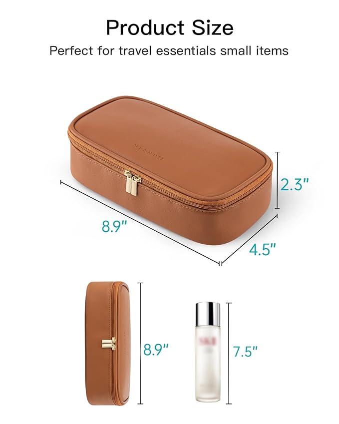 Vlando Travel Makeup Bag,Small Makeup Bag for Women,Gifts for Women Girls, Makeup Pouch Purse Travel Essentials Toiletries-Brown