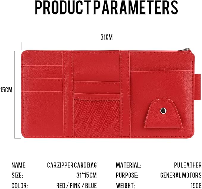 Car Sun Visor Organizer, Auto Interior Accessories Pocket Organizers, Personal Belonging Storage Pouch Organizer, Pouch Holder with Multi-Pocket Net Zippers (Red)