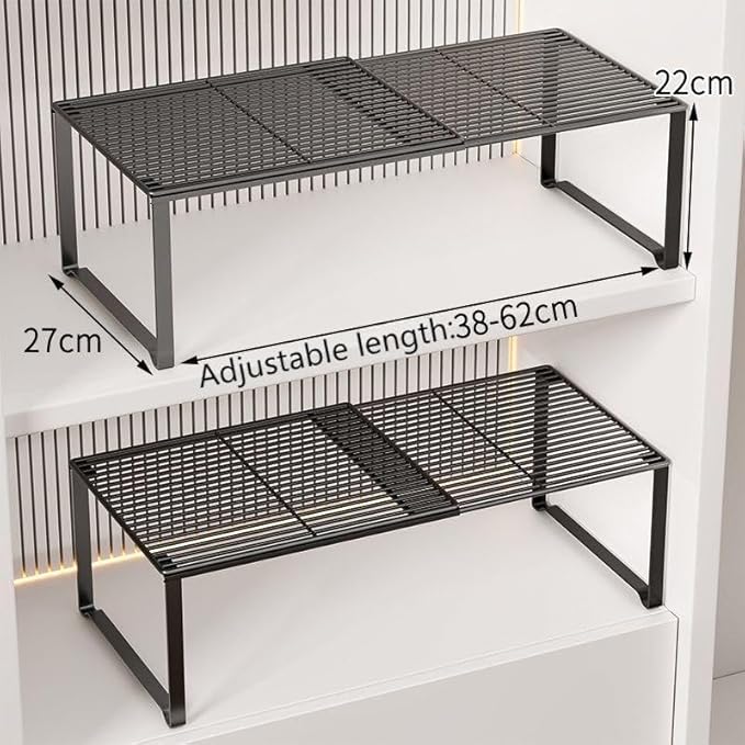 Extendable Metal Wire Shelf Organizer - Adjustable 15-24.4in Length, Stackable Storage Rack for Kitchen/Pantry/Bathroom/Shoe Cabinet/Tool Closet (1,Black)