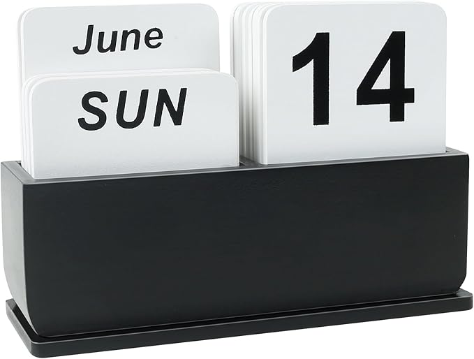 Wooden Block Perpetual Calendar for Desk, Daily Desktop Standing Flip Calendar with Large Display, Modern Farmhouse Aesthetic Desk Accessories for Home Office Decor, Reusable Yearly, Black