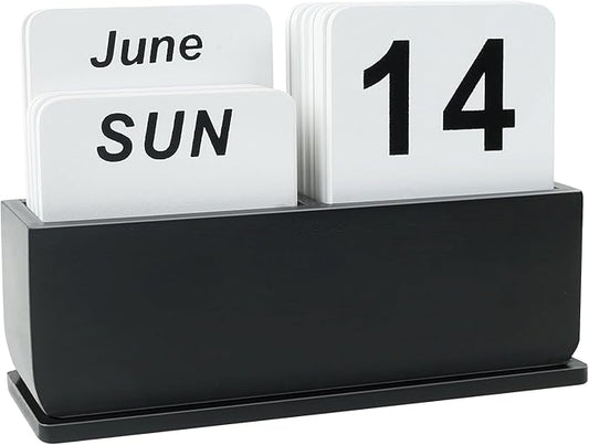 Wooden Block Perpetual Calendar for Desk, Daily Desktop Standing Flip Calendar with Large Display, Modern Farmhouse Aesthetic Desk Accessories for Home Office Decor, Reusable Yearly, Black
