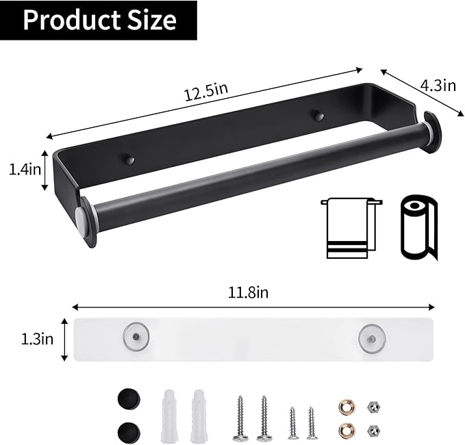 Under Cabinet Paper Towel Holder, Adhesive or Drill Mount Paper Towel Holder, Wall Mount Paper Towel Holders for Kitchen or Bathroom (Black) 2 Pack