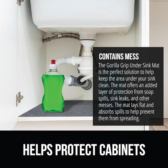 GORILLA GRIP LeakGuard Non-Adhesive Under Sink Mat for Kitchen Cabinet, Waterproof Quick Dry Shelf Liner, Durable Absorbent Felt Mats for Bathroom Sinks, Cabinets, Dresser, Easy to Trim 24x30 Charcoal