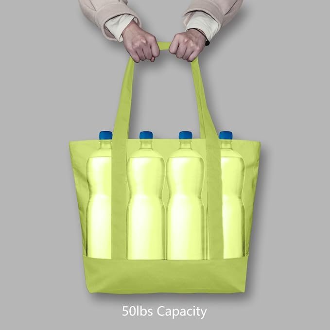 TOPDesign 3-Pack Canvas Tote Bags with an External Pocket, Reusable Grocery Shopping Bags, Top Zipper Closure, Daily Essentials (Light Green)