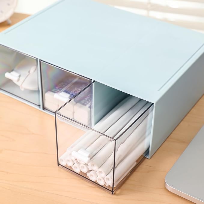 Plastic 3 Drawer Organizer for Cosmetic Storage, Desk Organizer, Makeup Organizer for nail polish, Lipstick, Brushes, Jewelry, Skincare, Bathroom Organization Boxes - Blue