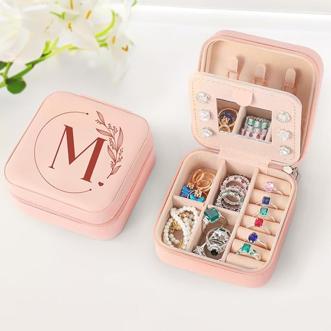 SANDJEST Personalized Jewelry Box, Pink Small Travel Jewelry Box with Initial M, Monogrammed Jewelry Case Organizer for Girls Women Teen, Mini Travel Essentials Gifts for Christmas Birthday