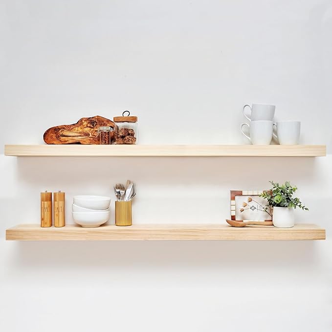 Homeforia 60 inch Natural Floating Shelf, High End Solid Real Wood 60inch Small Floating Shelves for Wall Mounted, Natural Wooden Floating Shelves, Heavy Duty Bracket, 60 X 6.5 X 1.75 in, Set of 3