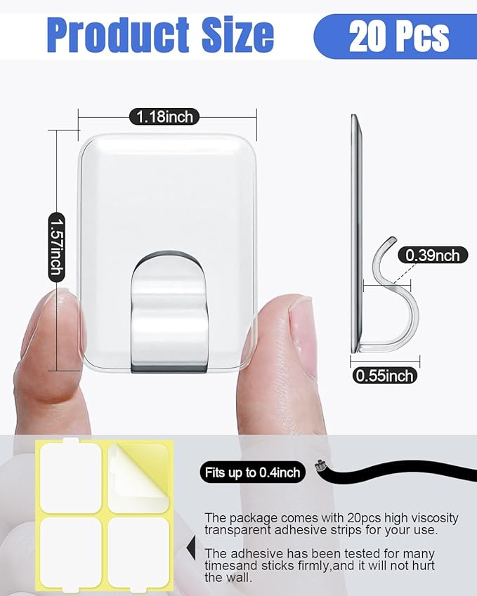 LZC Hooks for Outdoor String Lights Clips: 20 Pack Large Clear Rectangle Outdoor Light Clips Waterproof Adhesive Strips - Heavy Duty Outside Hanging Cable Rope Light Holders Organizer