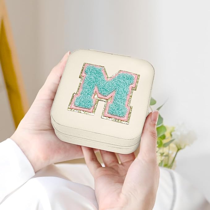 SANDJEST Personalized Jewelry Box, White Travel Jewelry Box with Initial M, Small Monogrammed Jewelry Case Organizer for Girls Women Teen Kids, Mini Travel Essentials Gifts for Birthday Christmas