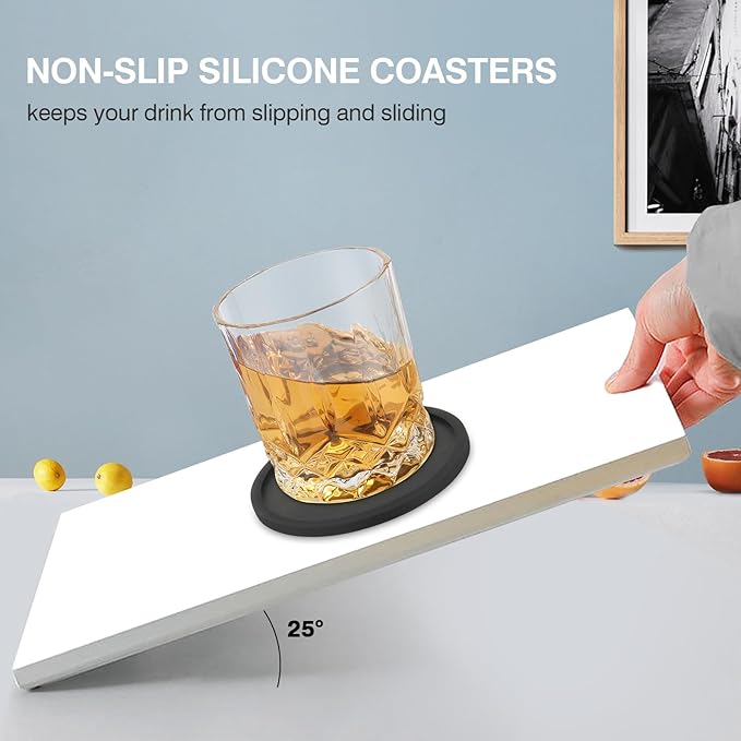 2 Pack Silicone Coasters for Drinks, Round Black Coaster with Deep Tray Grooved Design Cup Mat, Washable Heat Resistant Durable Non-Slip Coasters for Coffee Table Wooden Desk Kitchen Bar