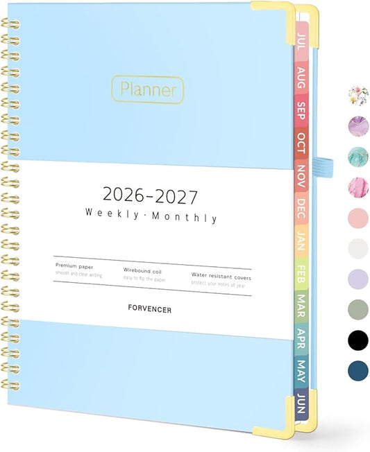Forvencer Academic Planner 2026-2027, Hardcover Calendar Planner Weekly & Monthly, July 2026 - June 2027, 6" x 8", Daily Agenda with Tabs, College School Organizer for Student Teacher, Light Blue