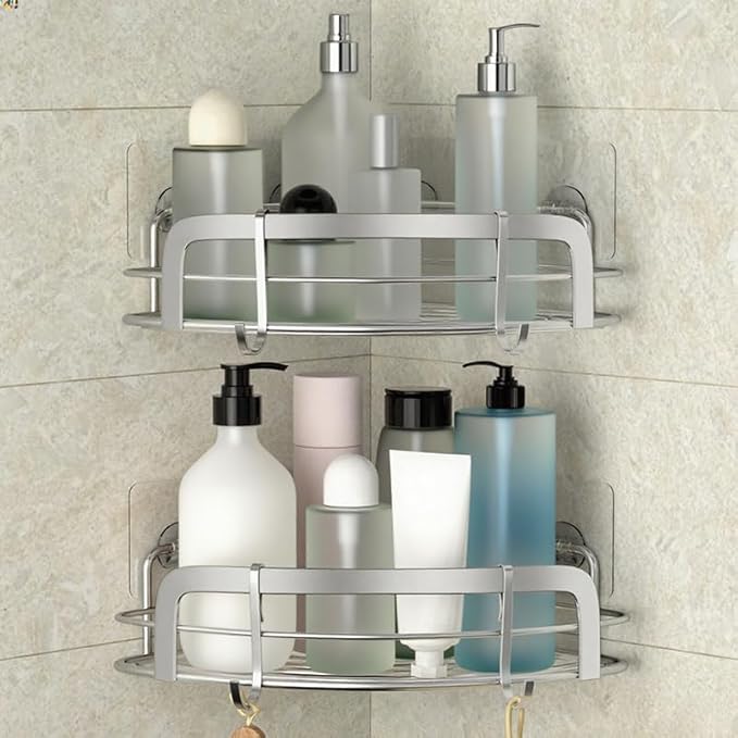 STEUGO 2 Pack Shower Caddy Corner, Bathroom Corner Shower Shelves, Adhesive Wall Mounted Shower Caddy with 4 Movable Hooks, No Drilling Shower Shelf, Stainless Steel Silver.