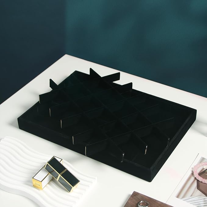 Coward 2PC Black Velvet Stackable 24 Grid Jewelry Organizer Tray Necklace Earring Box Storage Drawer Ring Earring Display Holder (24grid+24grid)