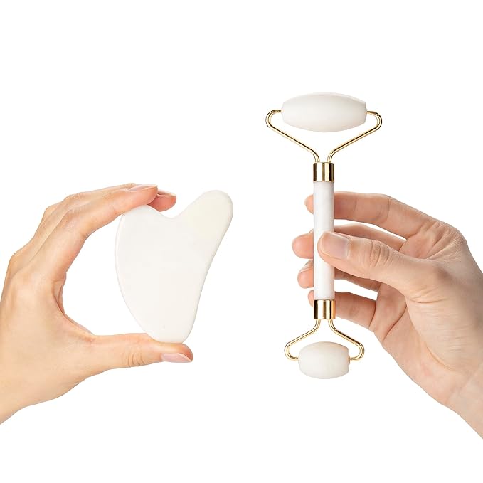 Gua Sha Facial Tools & Jade Roller for Face, Eye & Neck Skin Care, 100% Natural Jade Stone Face Roller Gua Sha Massage Tool, Eye Roller for Puffy Eyes, Facial Self Care Kit for Women (White)