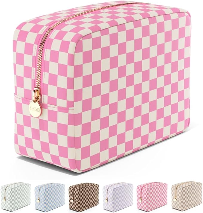 Embla Makeup Bag Travel Cosmetics Pouch and Toiletry Bag, Nylon Zipper Pouch Purse, Cute Make Up Organizer Storage Tote for Women Girls,Travel Skincare Case, Large Makeup Case, Flamingo Checkered